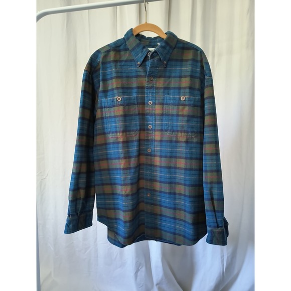 Vintage L.L. Bean Mens Plaid Long Sleeve Button Shirt 100% Cotton Blue Large